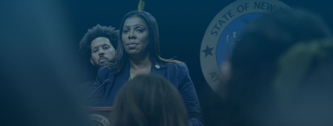 Featured image for the OAG case study showing Attorney General James standing at a podium with a dark blue gradient overlay treatment