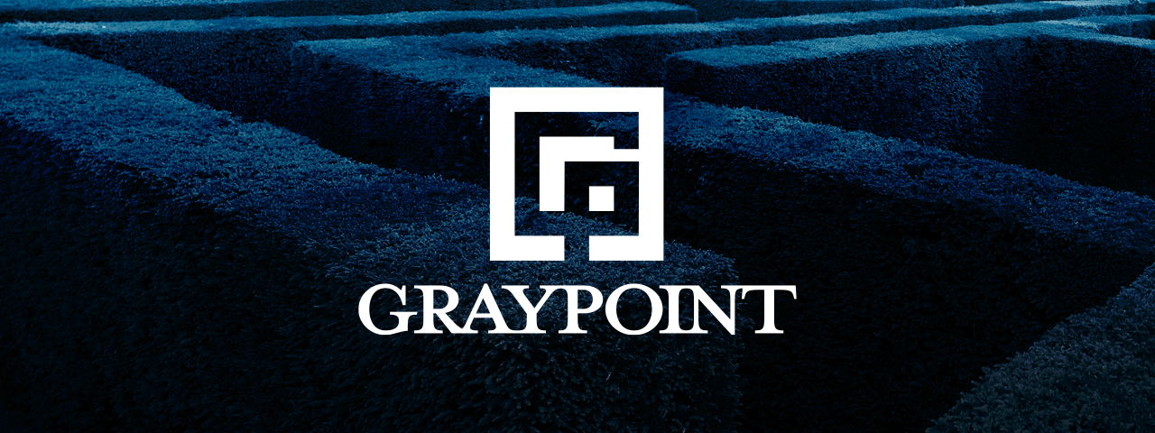 A dark blue color treatment image of a hedge maze with the Graypoint logo in white on top