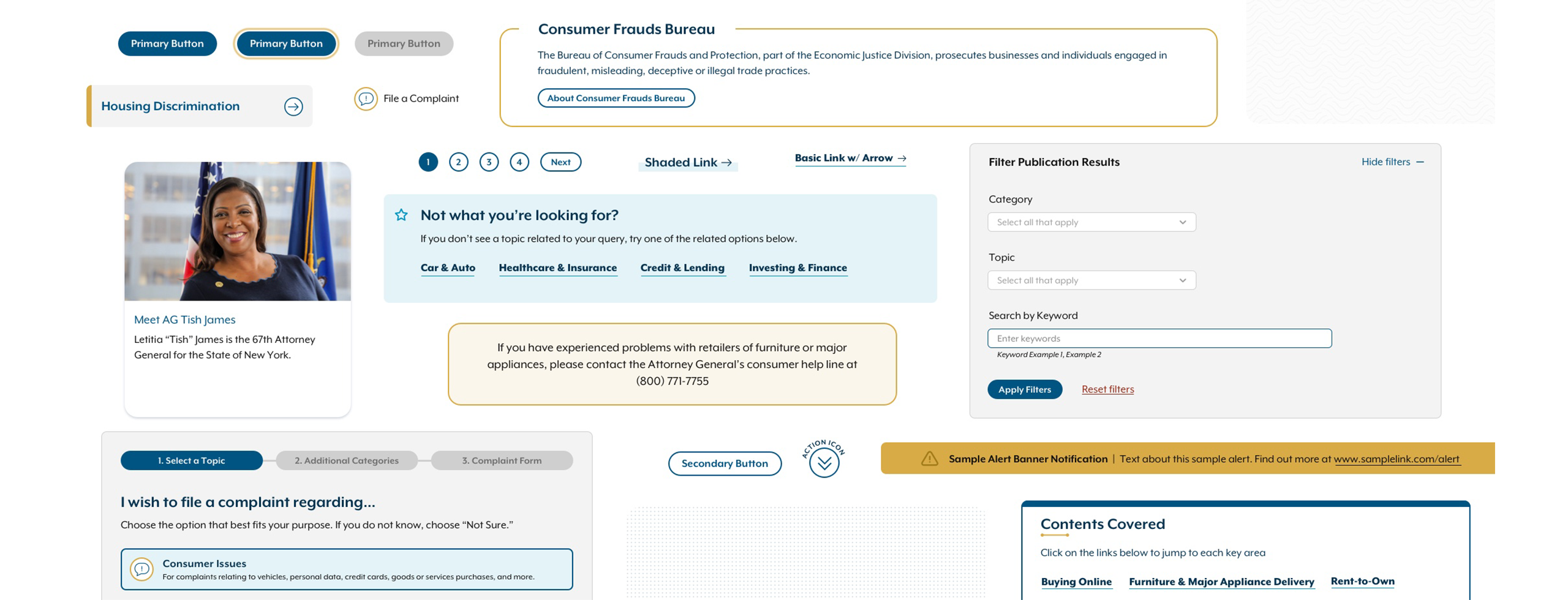 A collage of component elements such as buttons, cards, forms, and alerts, used on the Attorney General website