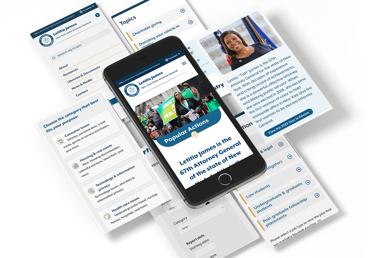 An iphone showing the website for the NYAG, with screens collages behind it. 